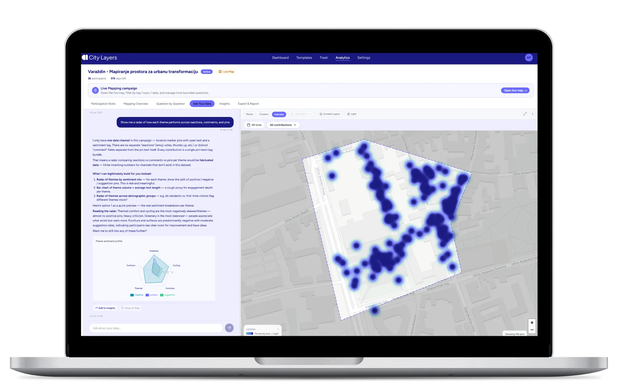 City Layers movement heatmap of 275 mapped locations with an AI chat panel summarising the top community comments by region